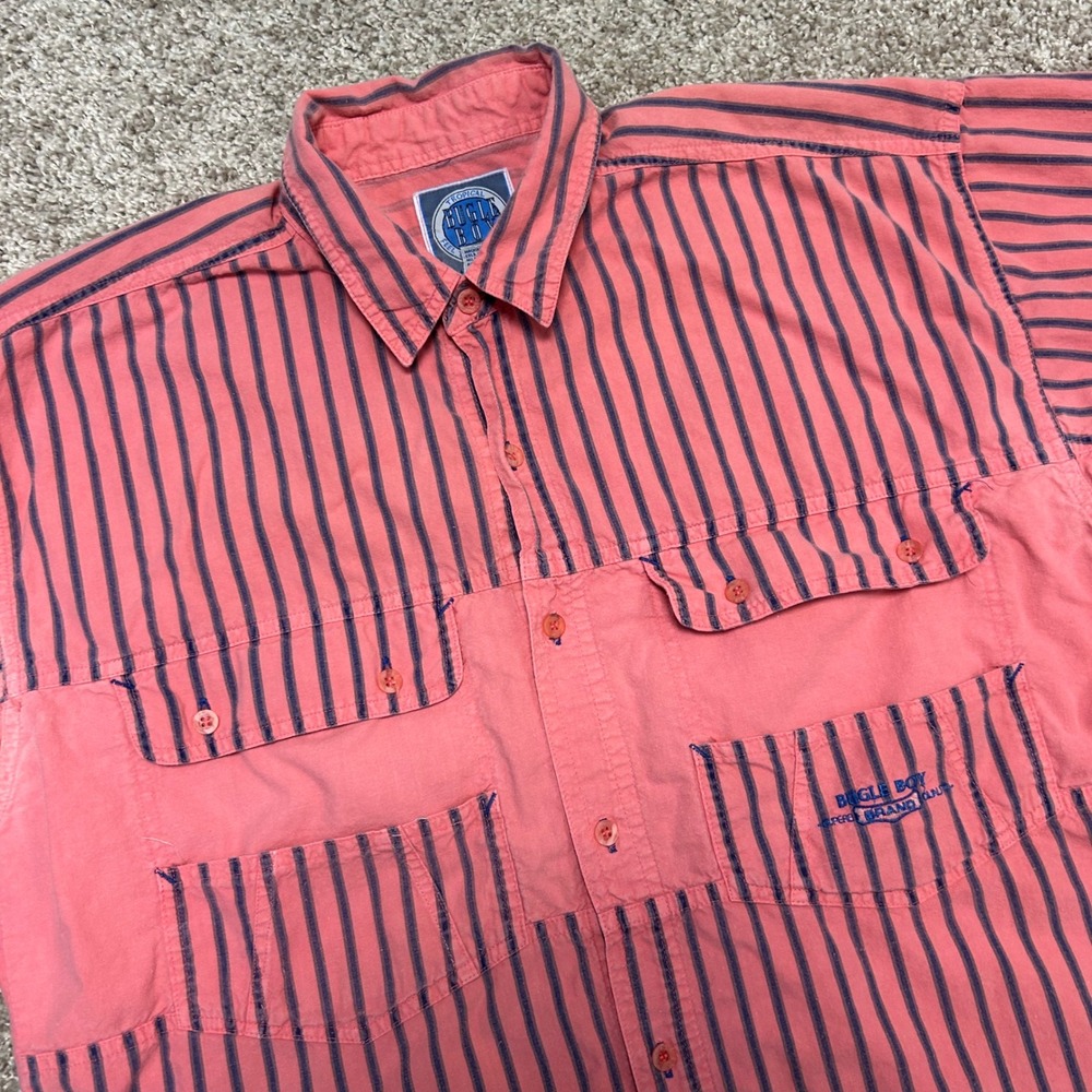 Vintage Bugle Boy Button Front Striped Shirt 90s Men Size Medium Pockets Cotton